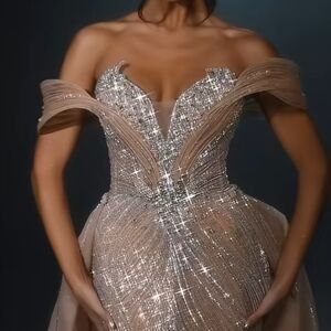 Elegant Silver beaded and Cream Evening Gown